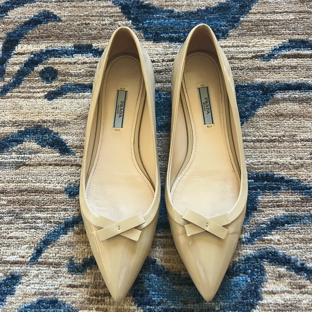 Prada Women's Nude Patent Leather Flats, 39